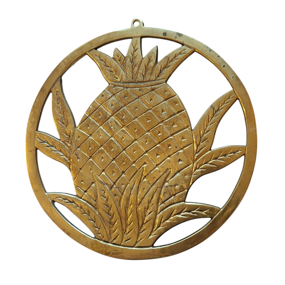 Vtg Trivet Solid Brass Pineapple 7.5" Pot‎ Round Kitchen Home Wall Decor Hanging